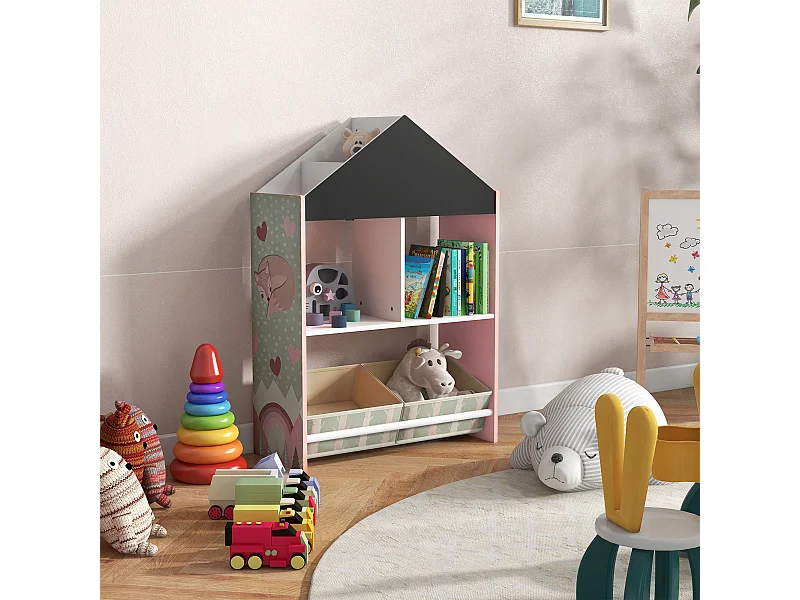 Scaffale portagiochi per bambini con ripiani e cassetti rosa