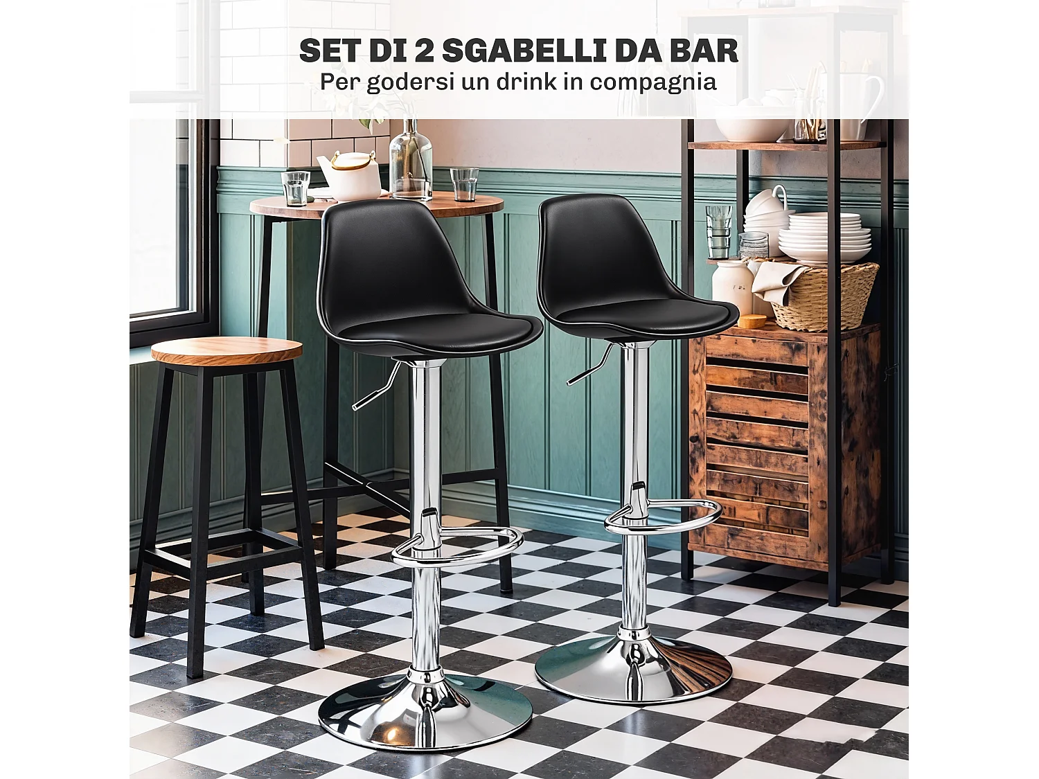 Set 2 sgabelli da bar girevoli con schienale e poggiapiedi nero