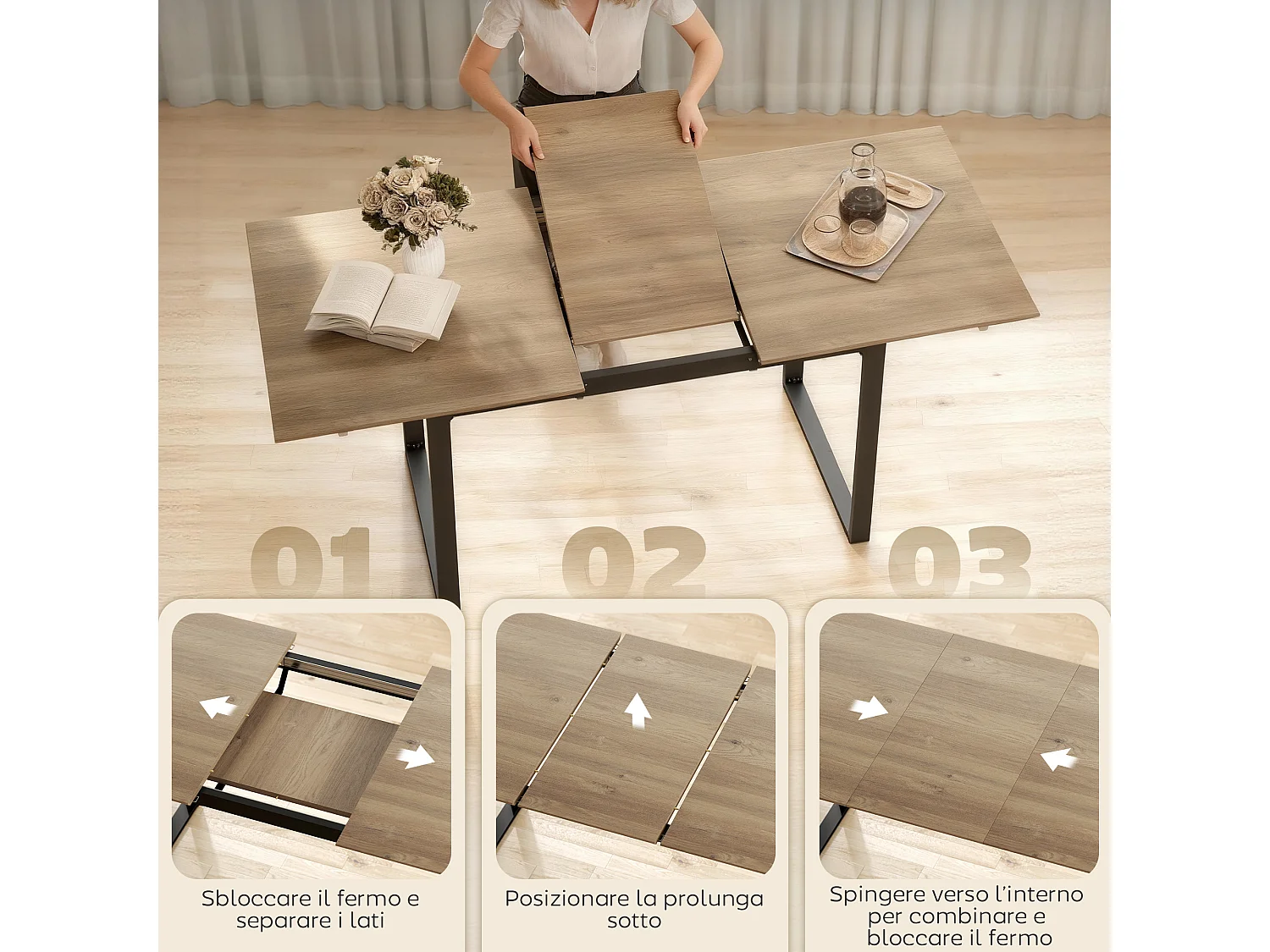 Tavolo da pranzo industriale rettangolare per 6-8 persone nero e legno