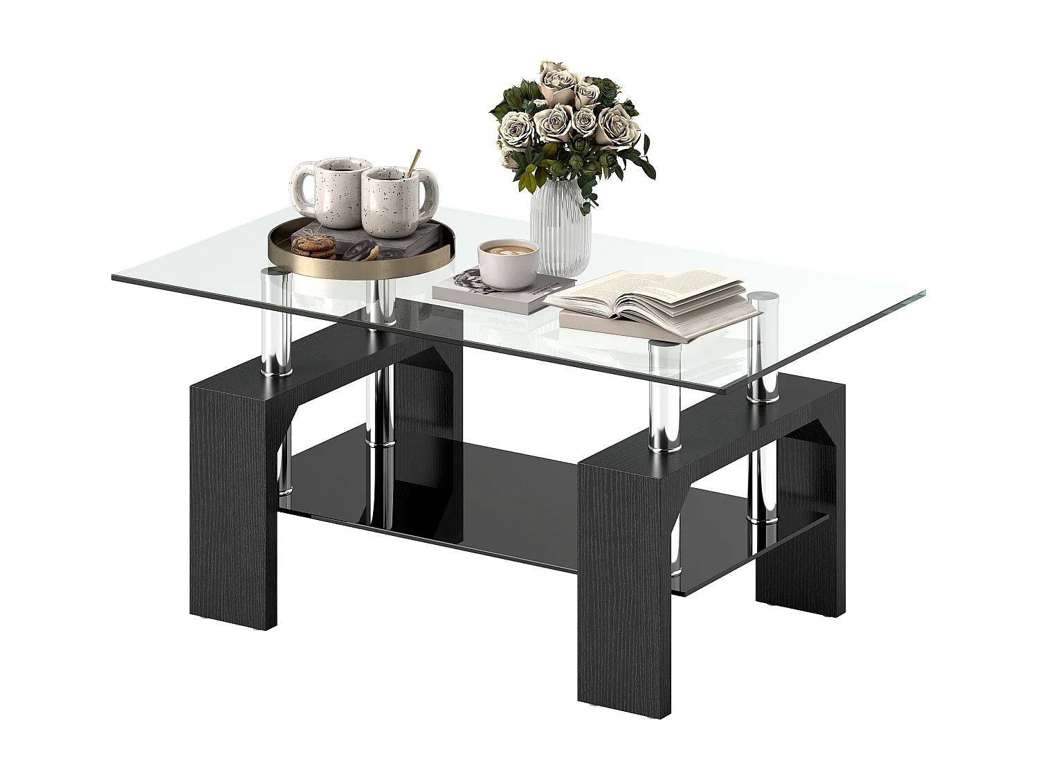 Tavolino da caffè moderno 2 livelli in vetro e legno nero 90x50x42 cm