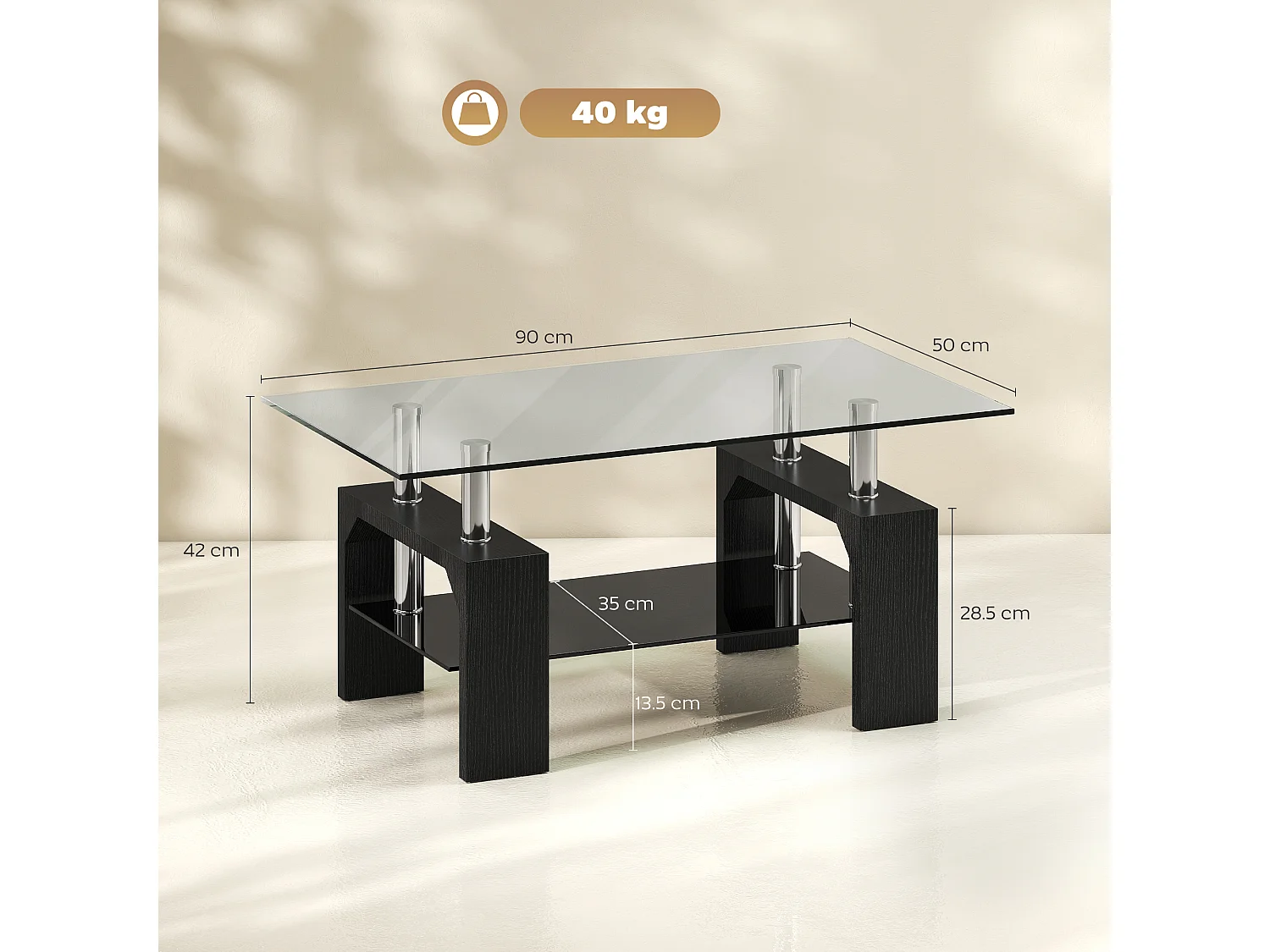 Tavolino da caffè moderno 2 livelli in vetro e legno nero 90x50x42 cm