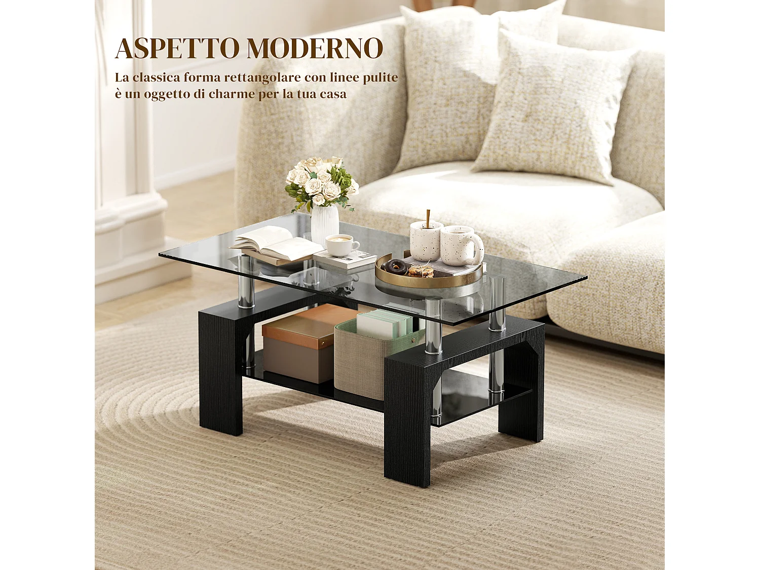 Tavolino da caffè moderno 2 livelli in vetro e legno nero 90x50x42 cm