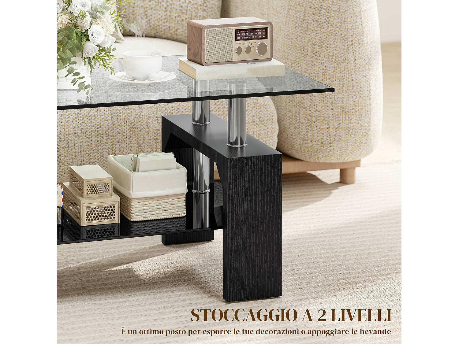 Tavolino da caffè moderno 2 livelli in vetro e legno nero 90x50x42 cm