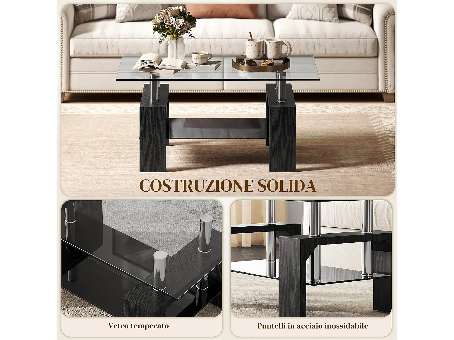 Tavolino da caffè moderno 2 livelli in vetro e legno nero 90x50x42 cm
