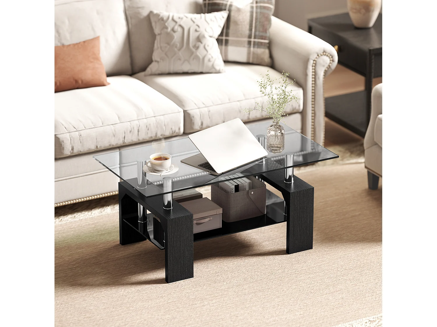 Tavolino da caffè moderno 2 livelli in vetro e legno nero 90x50x42 cm