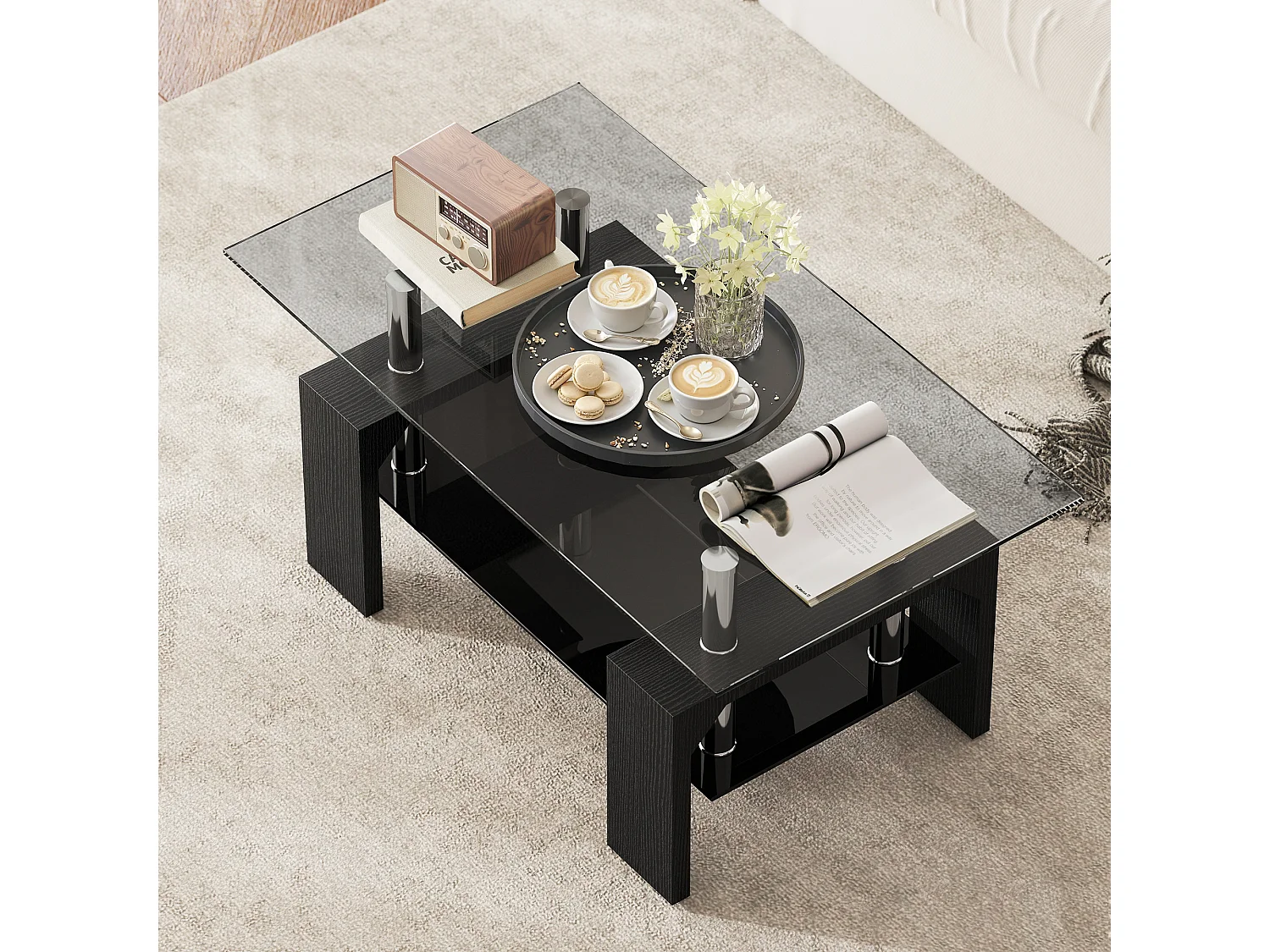 Tavolino da caffè moderno 2 livelli in vetro e legno nero 90x50x42 cm