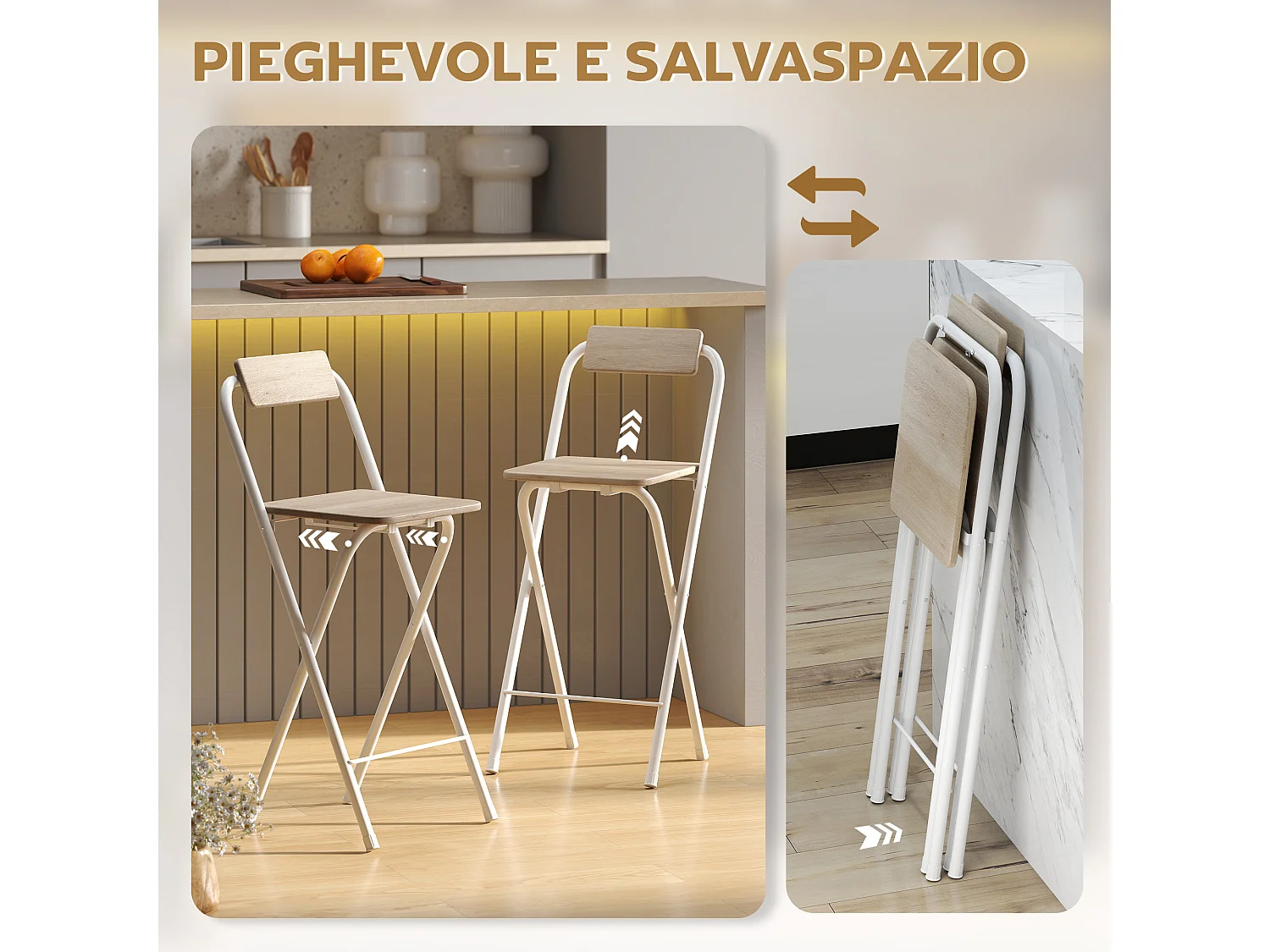 Set 2 sgabelli da bar pieghevoli con poggiapiedi colore legno
