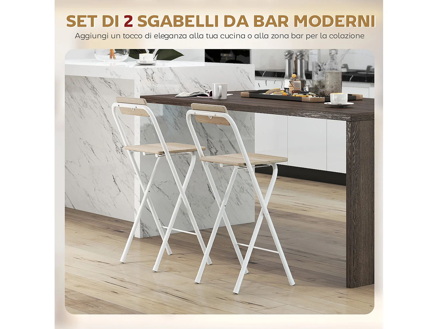 Set 2 sgabelli da bar pieghevoli con poggiapiedi colore legno