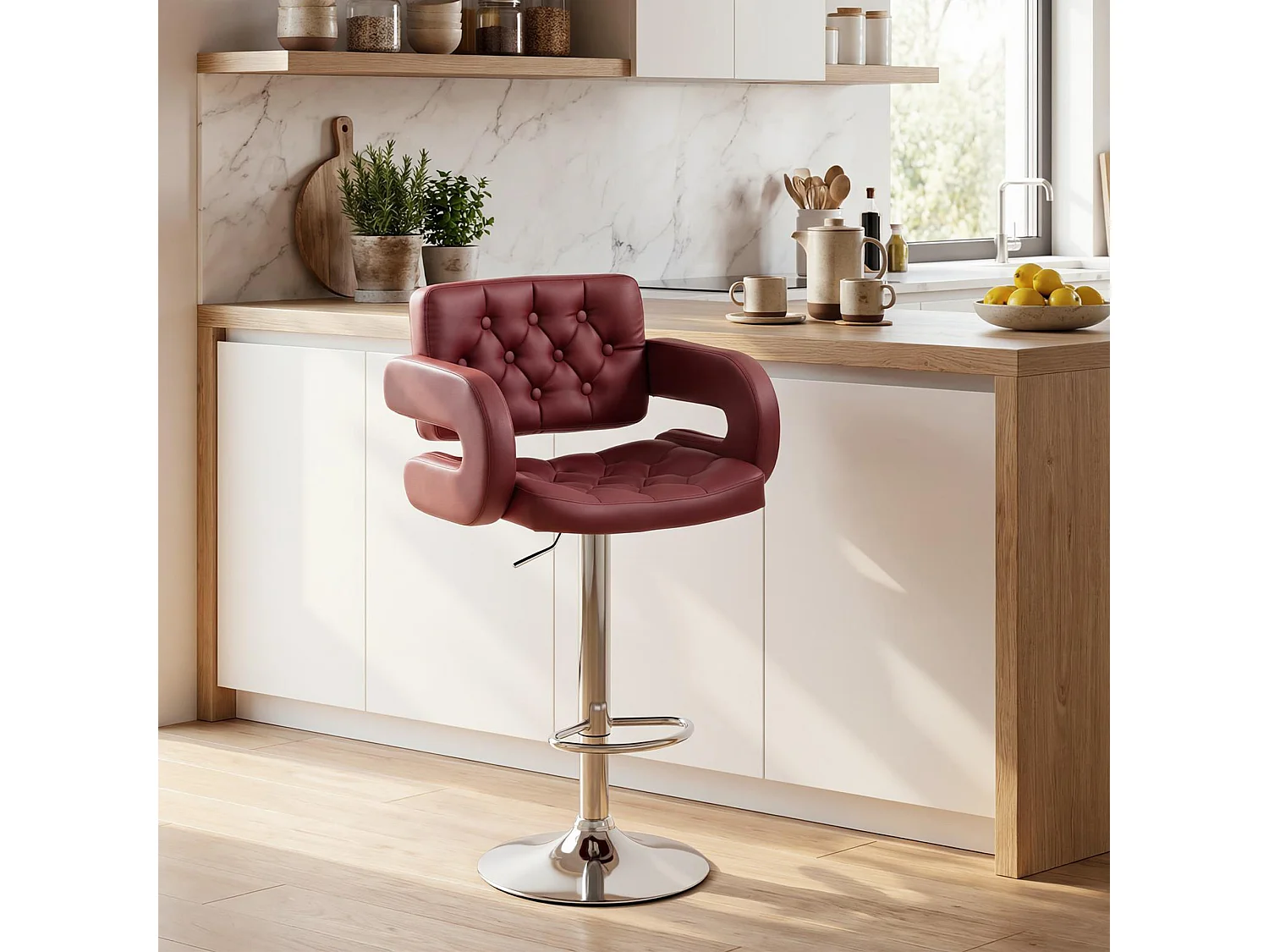 Sgabello da bar con braccioli e schienale in finta pelle rosso vino