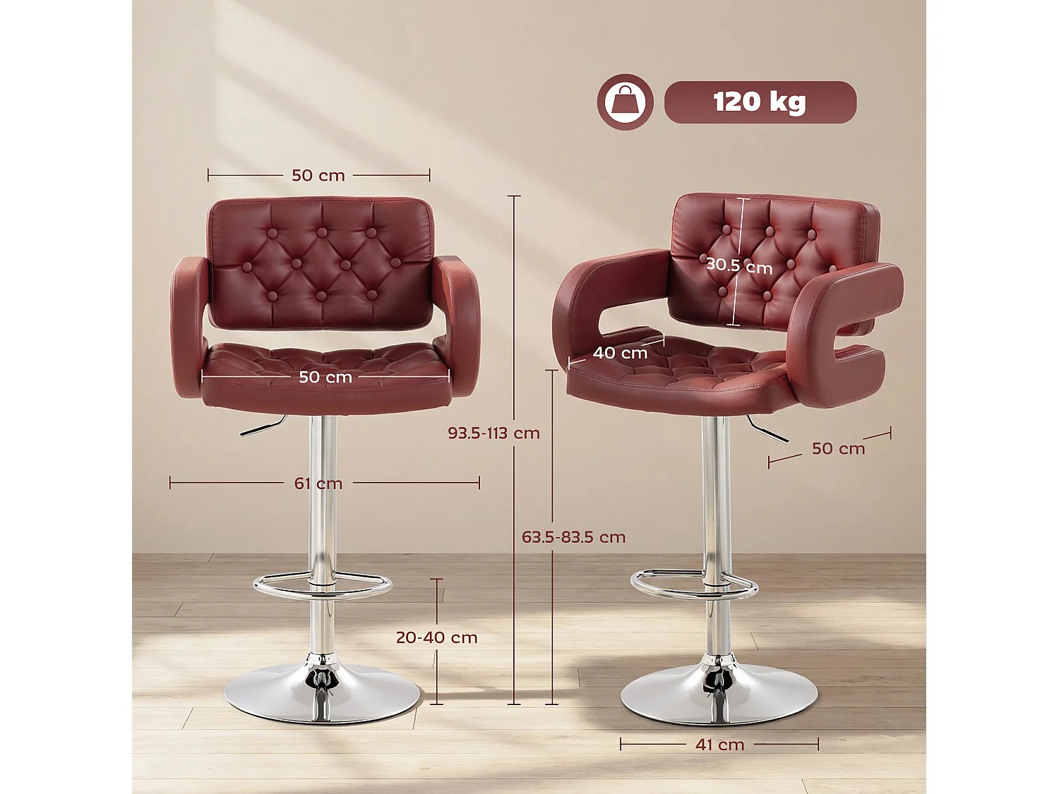 Sgabello da bar con braccioli e schienale in finta pelle rosso vino