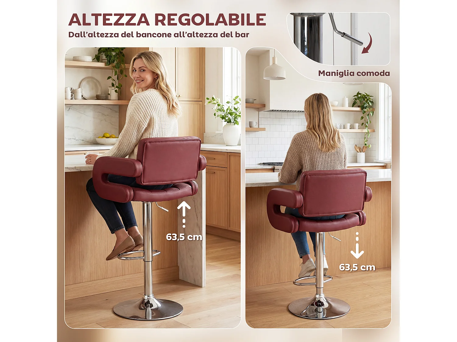 Sgabello da bar con braccioli e schienale in finta pelle rosso vino