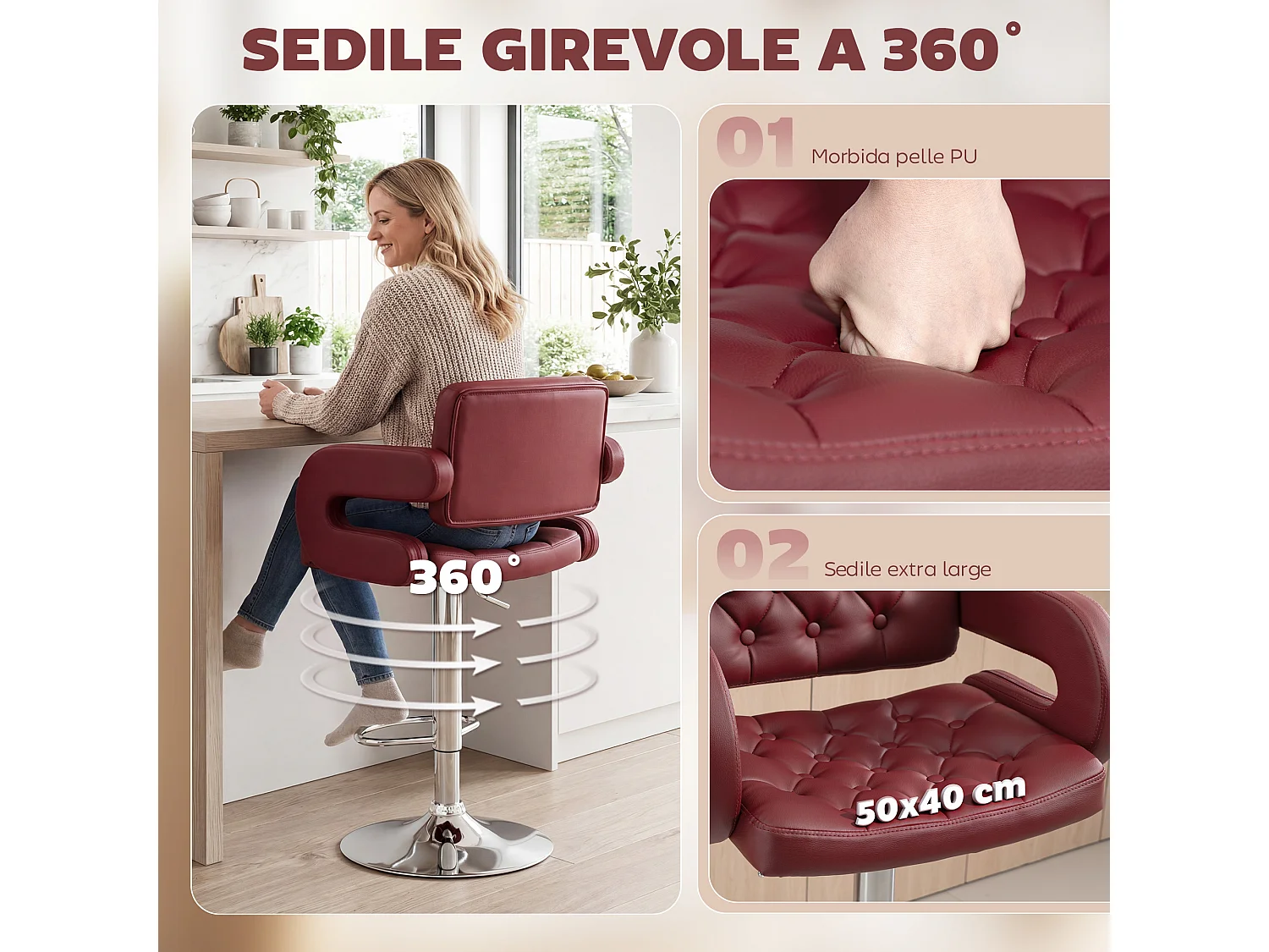 Sgabello da bar con braccioli e schienale in finta pelle rosso vino