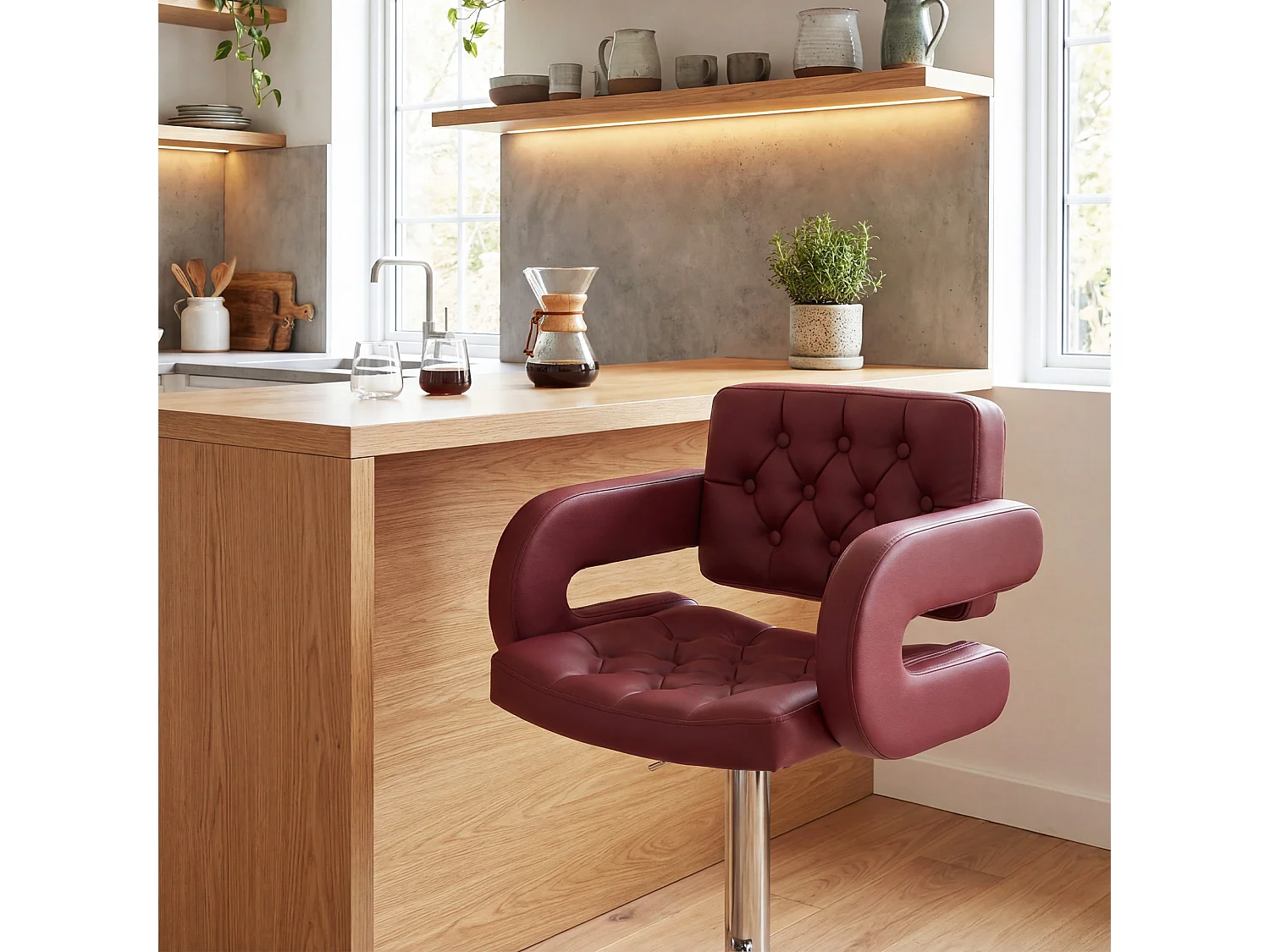 Sgabello da bar con braccioli e schienale in finta pelle rosso vino
