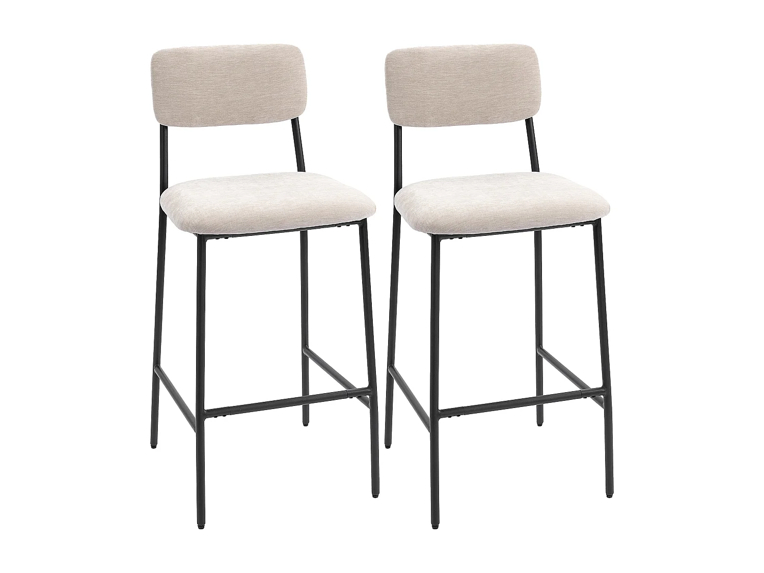 Set 2 sgabelli bar con schienale alto e poggiapiedi in ciniglia crema