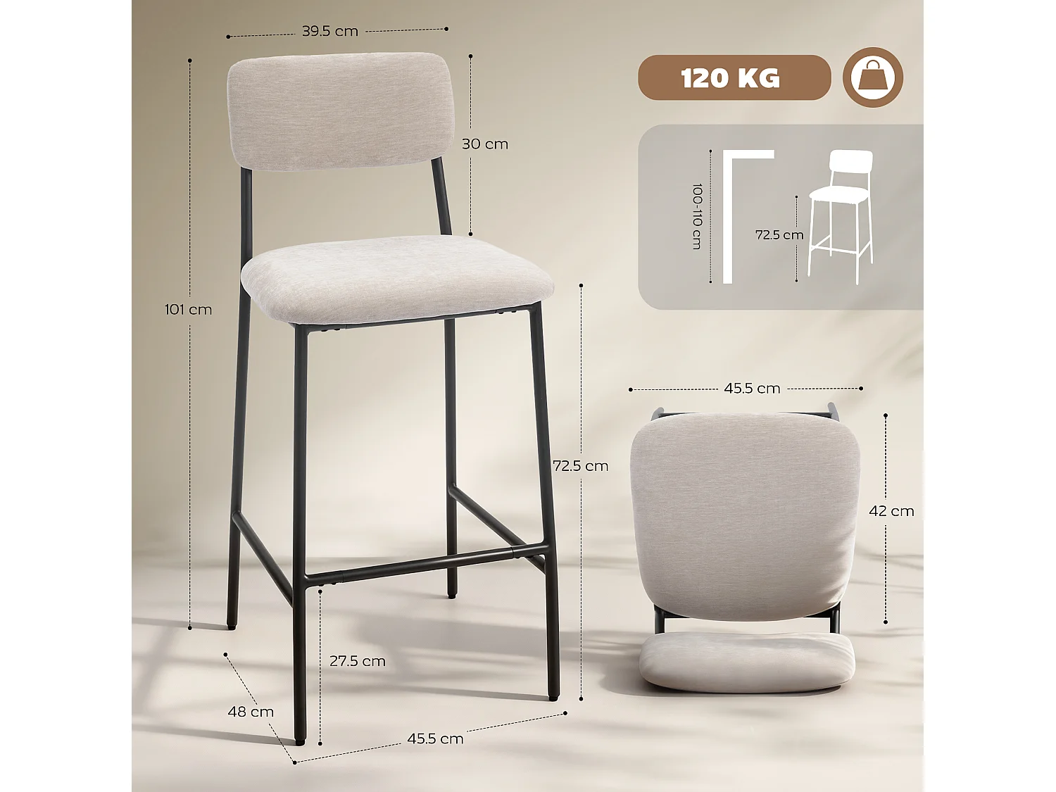 Set 2 sgabelli bar con schienale alto e poggiapiedi in ciniglia crema