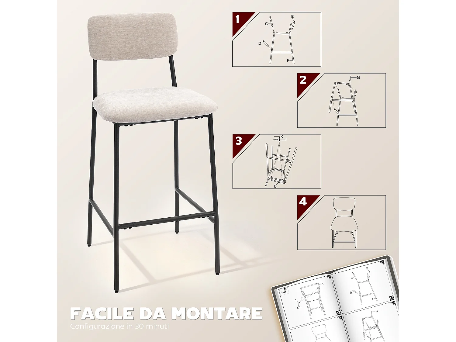 Set 2 sgabelli bar con schienale alto e poggiapiedi in ciniglia crema