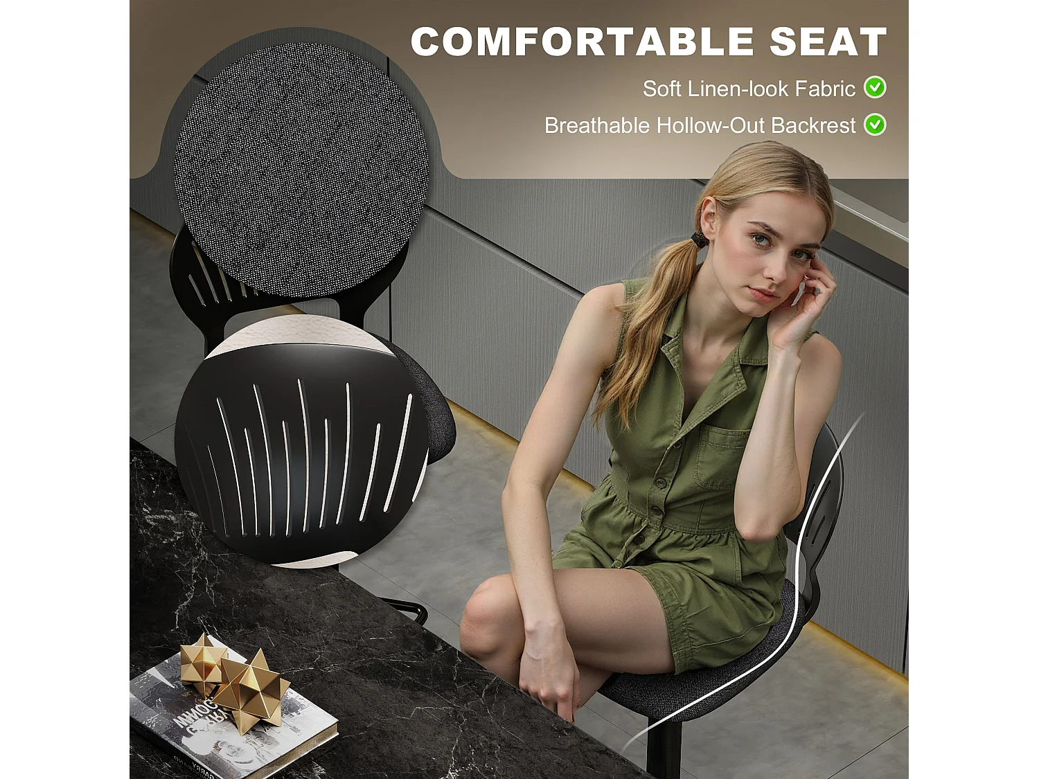 Set 2 sgabelli da bar effetto lino con poggiapiedi nero