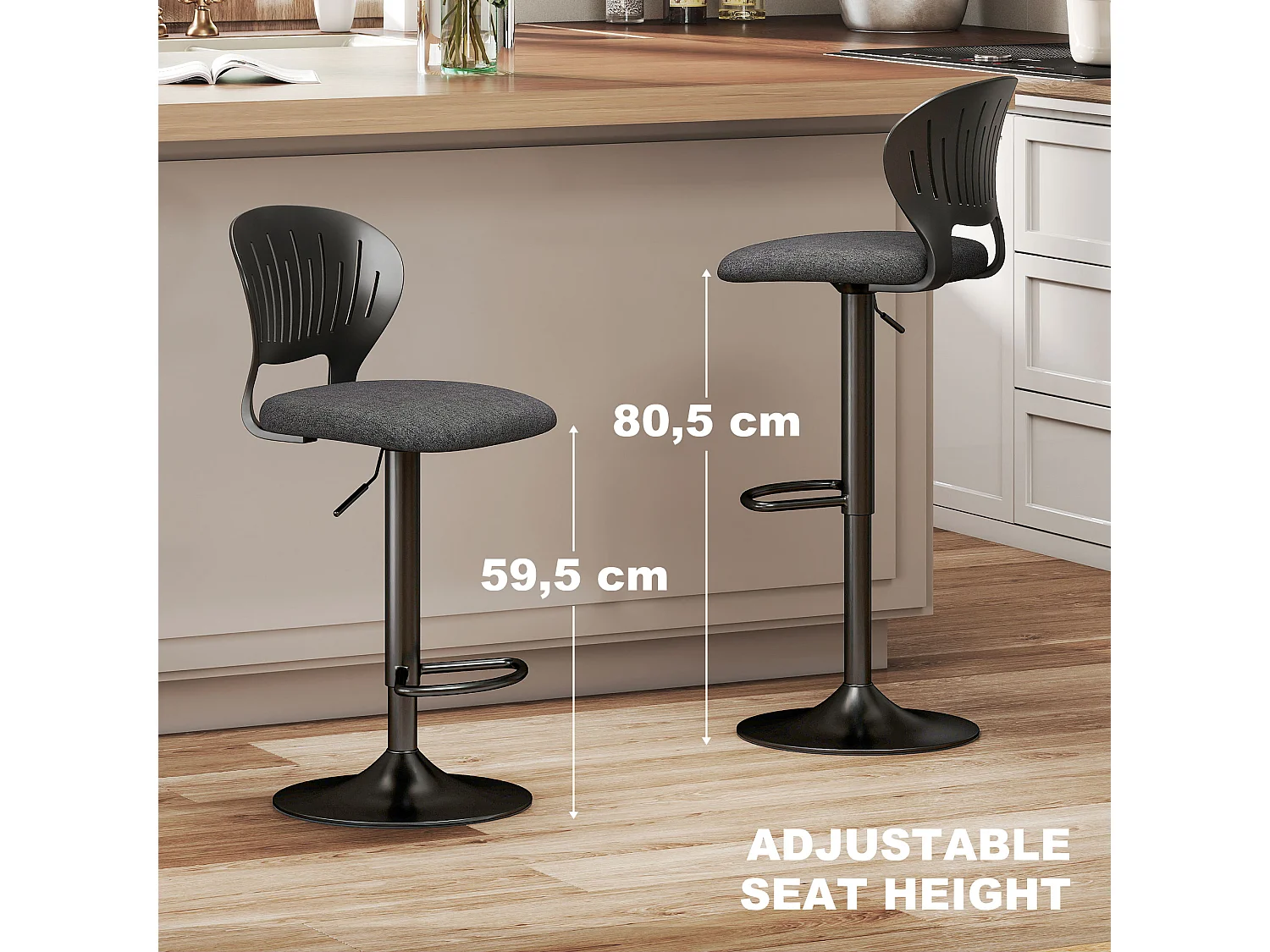 Set 2 sgabelli da bar effetto lino con poggiapiedi nero