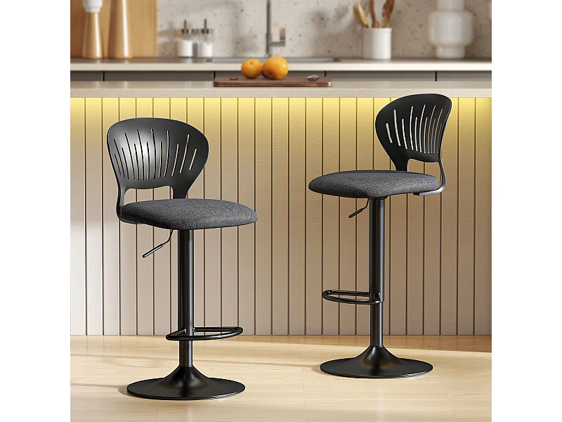 Set 2 sgabelli da bar effetto lino con poggiapiedi nero