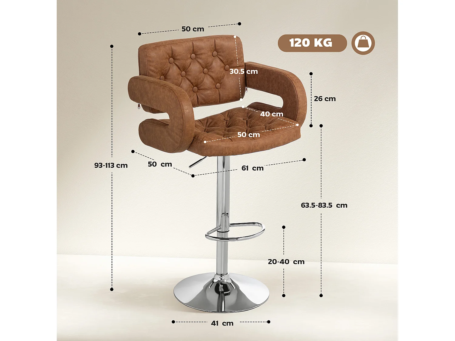 Sgabello da bar con braccioli e schienale in finta pelle marrone