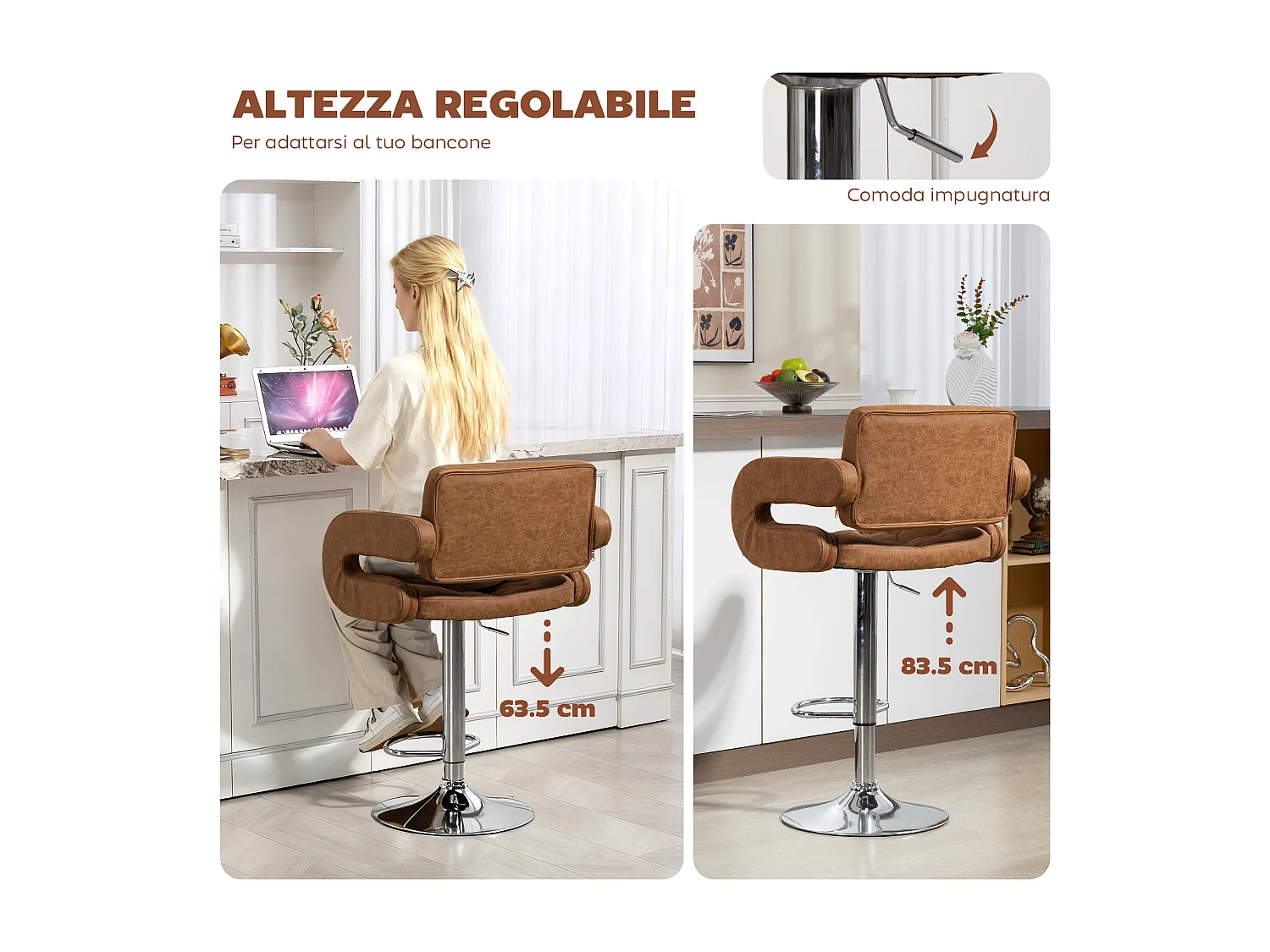 Sgabello da bar con braccioli e schienale in finta pelle marrone