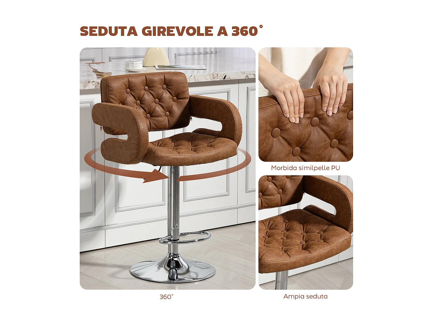 Sgabello da bar con braccioli e schienale in finta pelle marrone
