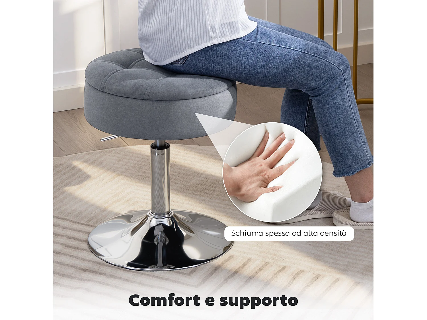 Sgabello da bar imbottito e regolabile con contenitore grigio