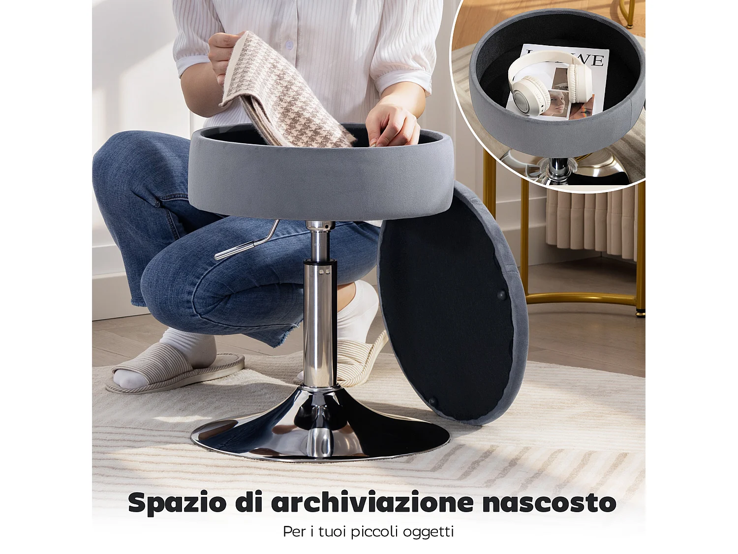 Sgabello da bar imbottito e regolabile con contenitore grigio