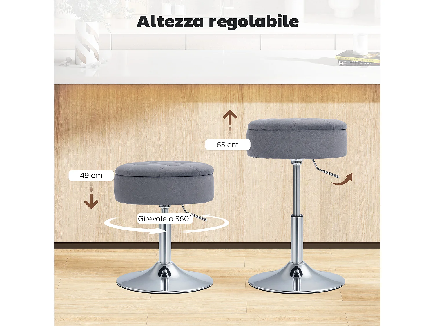 Sgabello da bar imbottito e regolabile con contenitore grigio