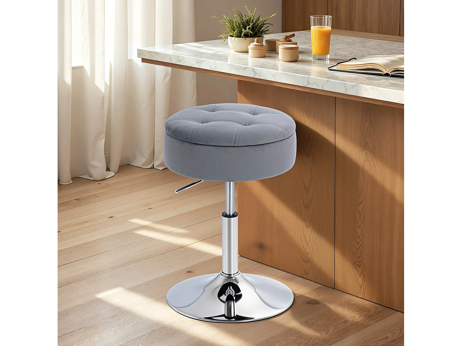 Sgabello da bar imbottito e regolabile con contenitore grigio