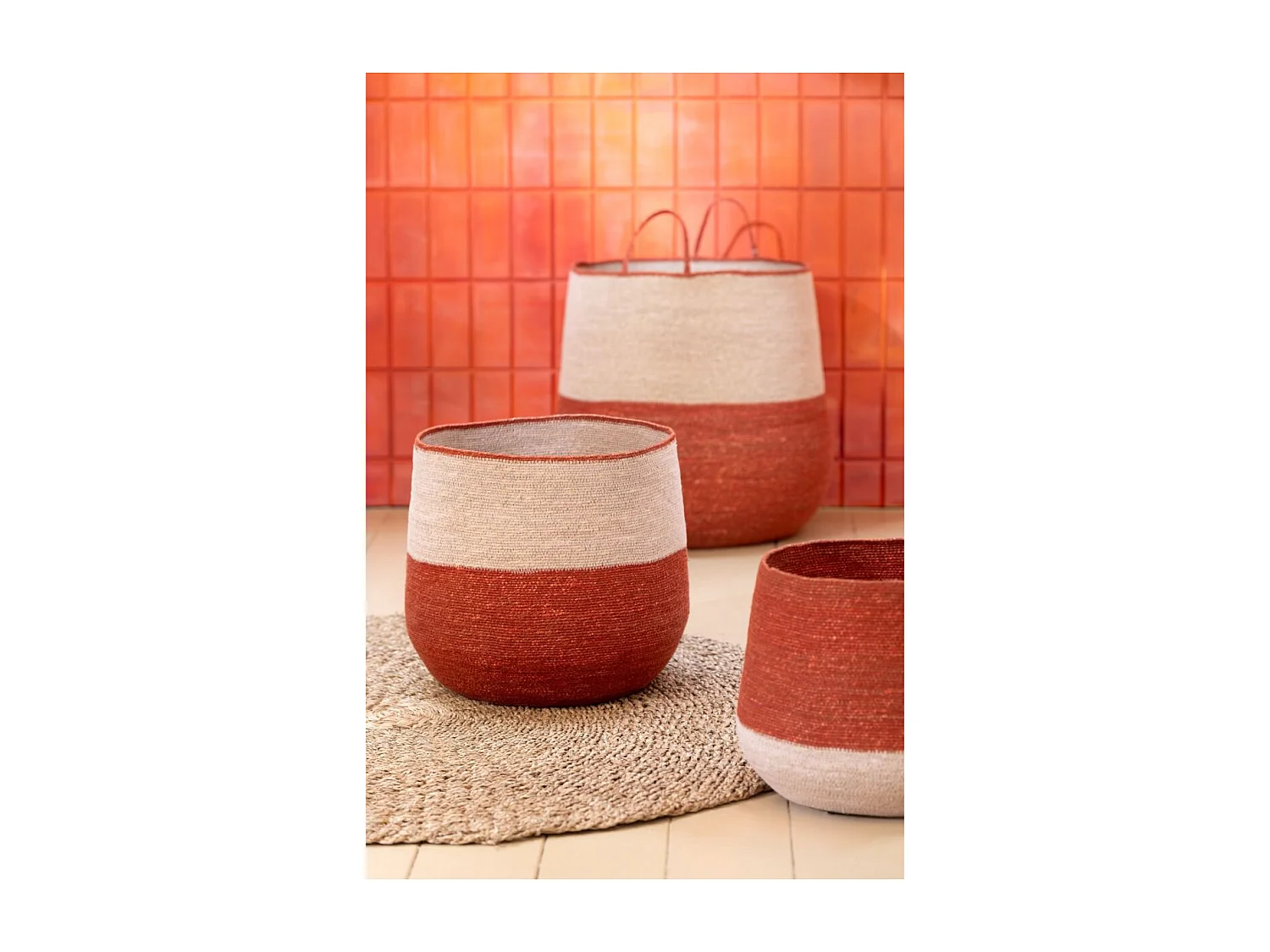 Lot de 3 Paniers en Jonc de Mer "Burton" 48cm Naturel & Terracotta