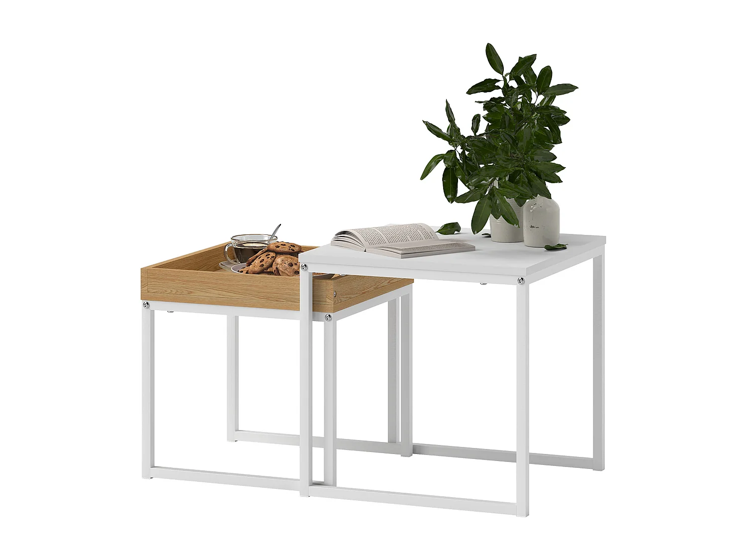 Tavolini da caffè impilabili con vassoio in acciaio bianco rovere