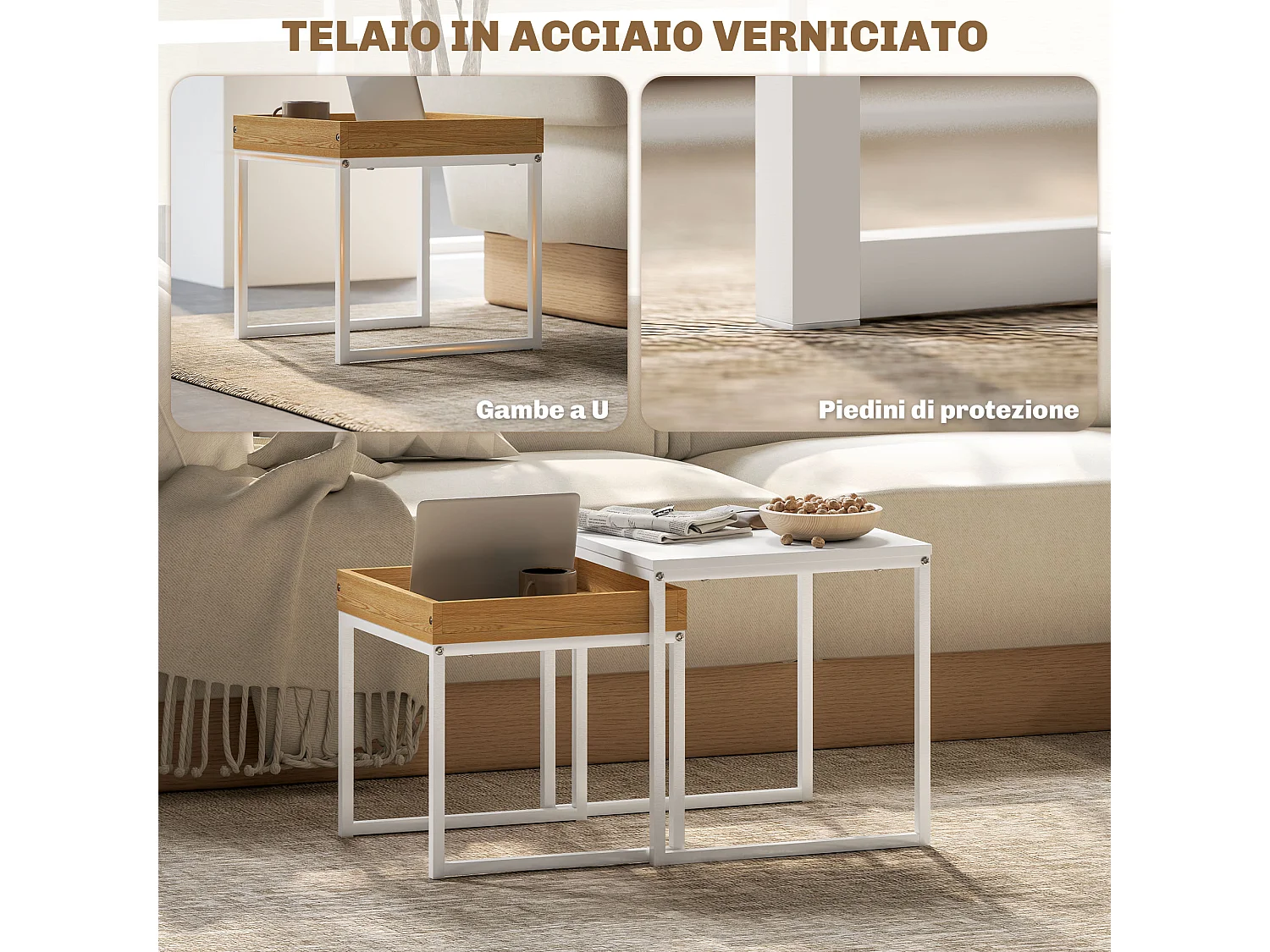 Tavolini da caffè impilabili con vassoio in acciaio bianco rovere