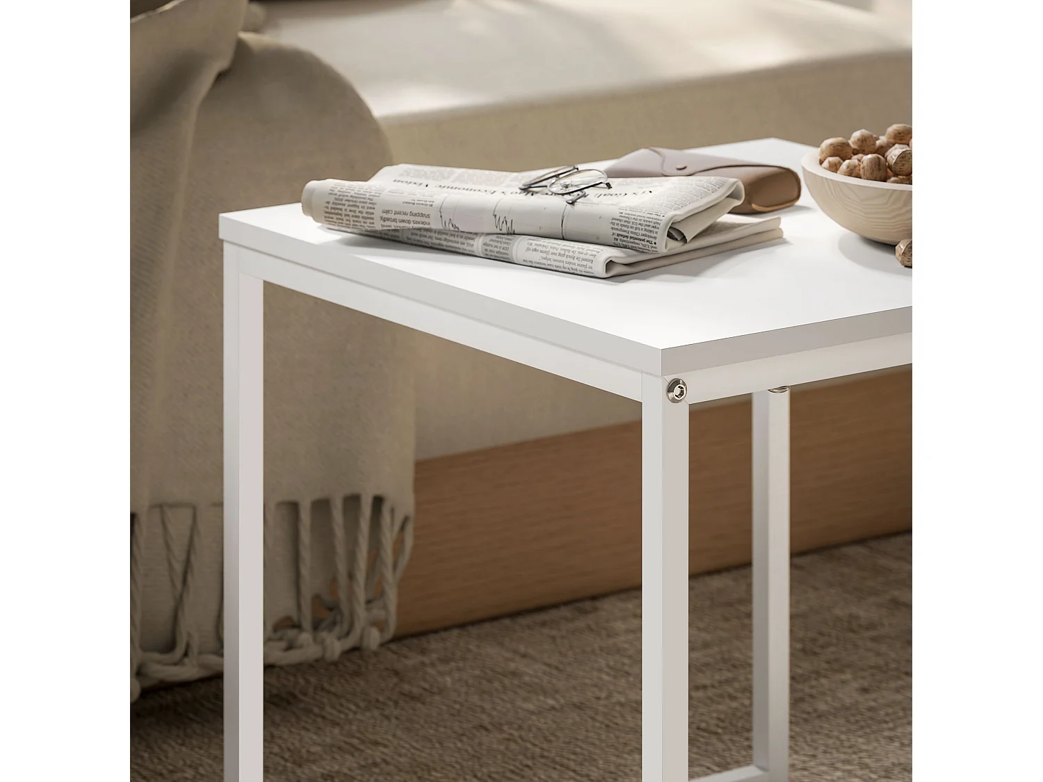 Tavolini da caffè impilabili con vassoio in acciaio bianco rovere