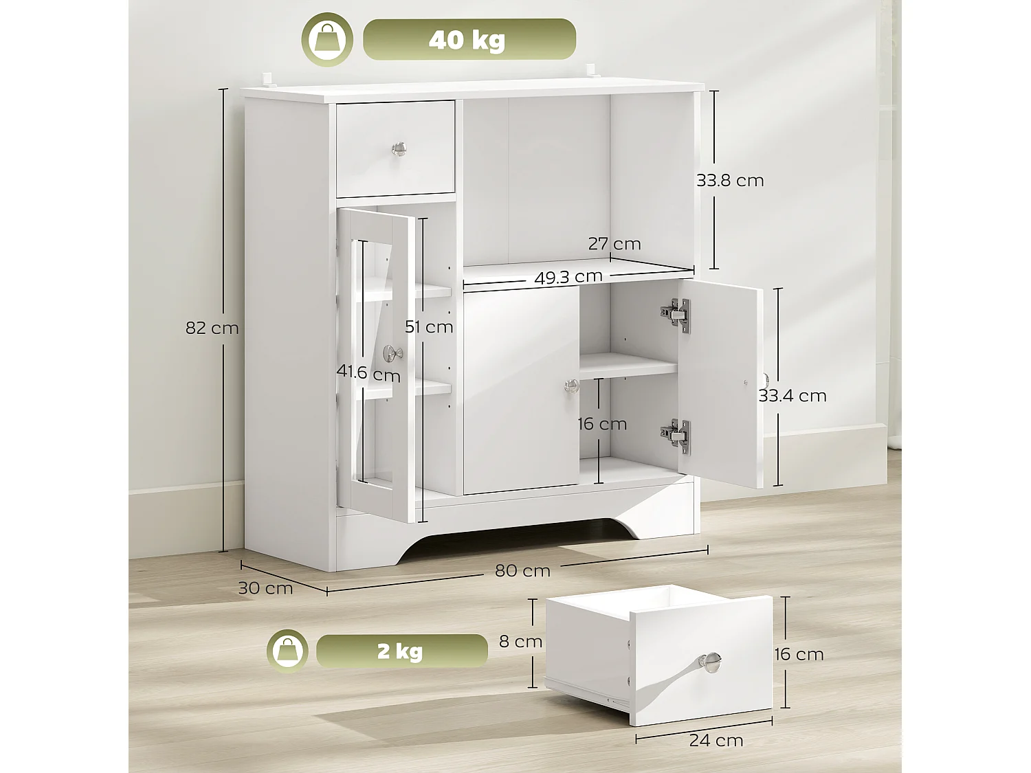 Credenza buffet portaoggetti in truciolato bianco 80x30x82 cm