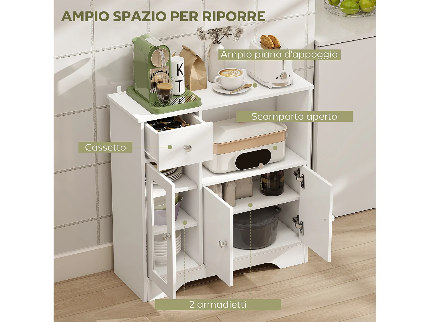 Credenza buffet portaoggetti in truciolato bianco 80x30x82 cm