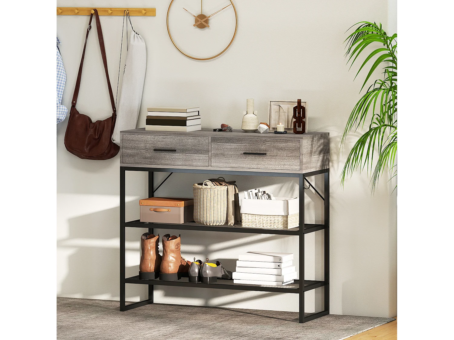 Consolle da ingresso con 2 cassetti, 2 ripiani e gancio nero e legno