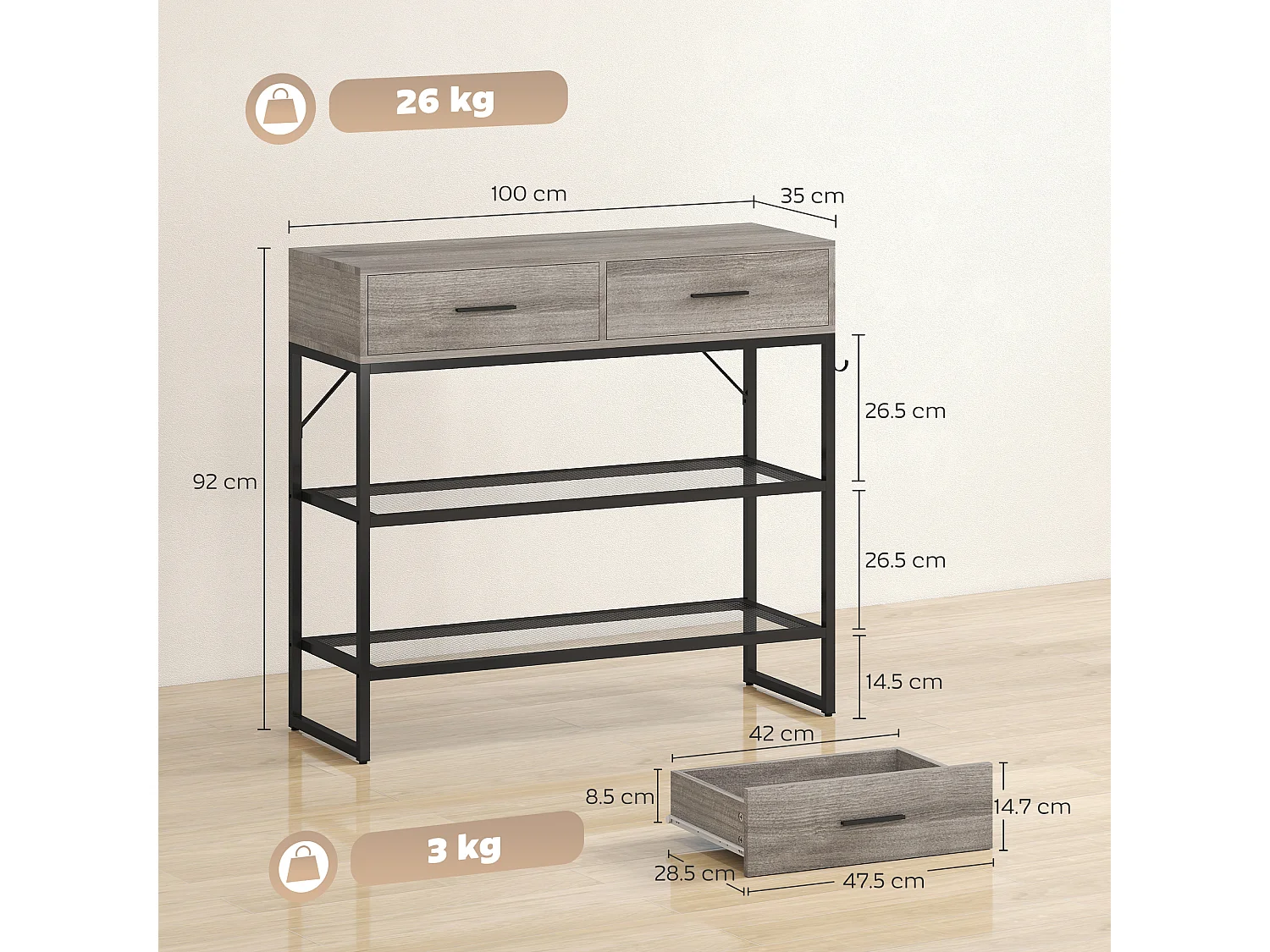 Consolle da ingresso con 2 cassetti, 2 ripiani e gancio nero e legno