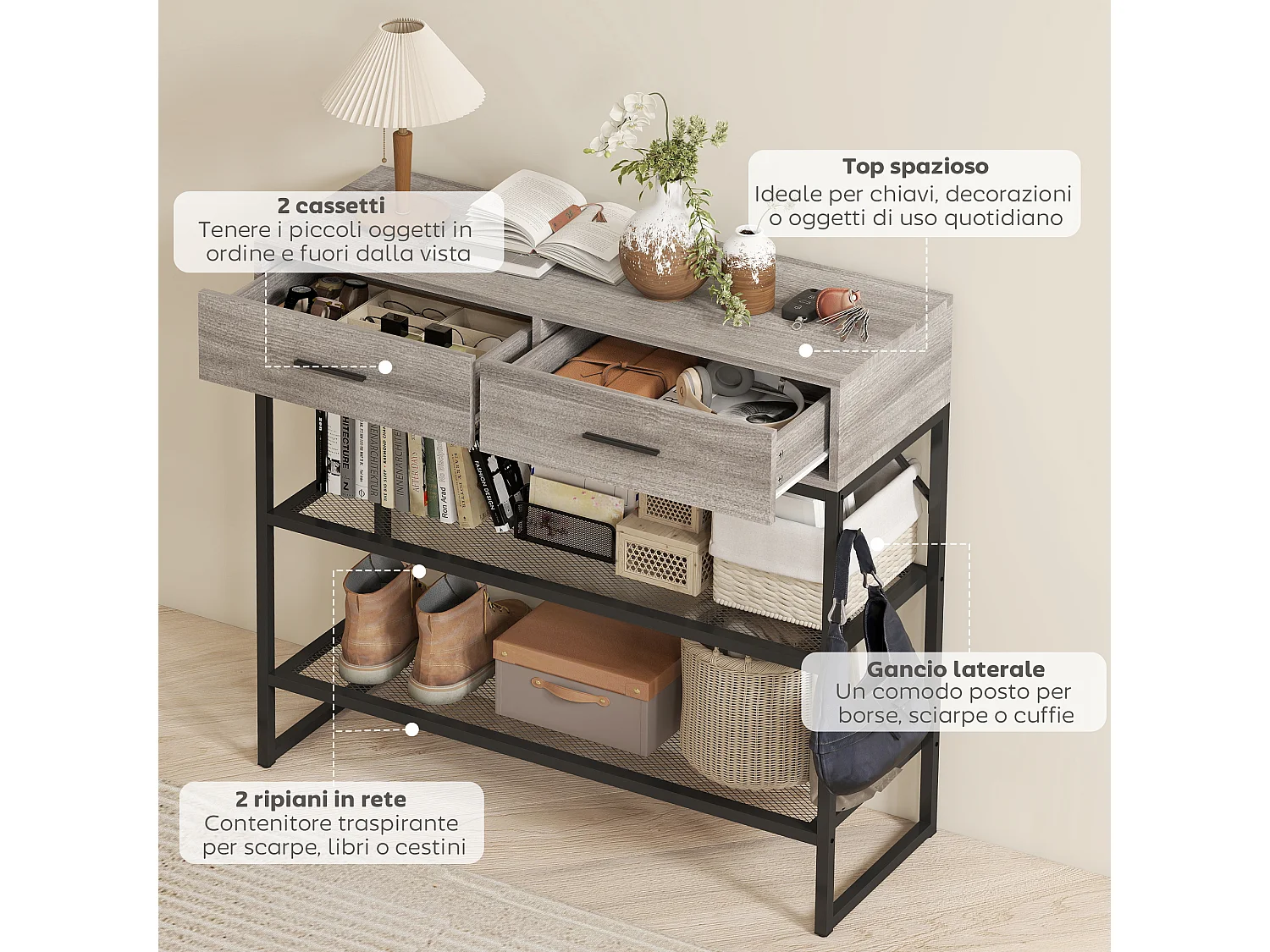 Consolle da ingresso con 2 cassetti, 2 ripiani e gancio nero e legno