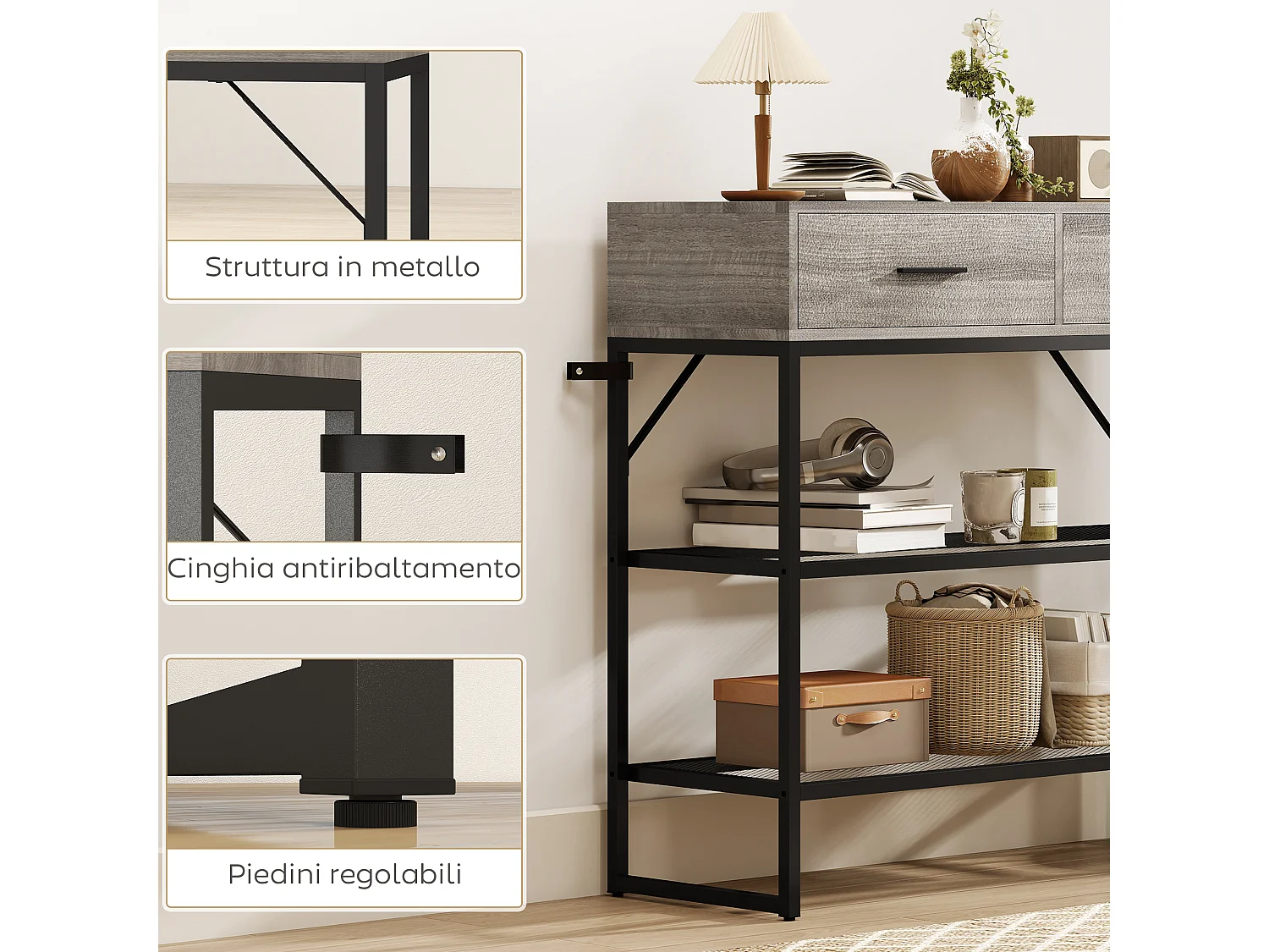 Consolle da ingresso con 2 cassetti, 2 ripiani e gancio nero e legno