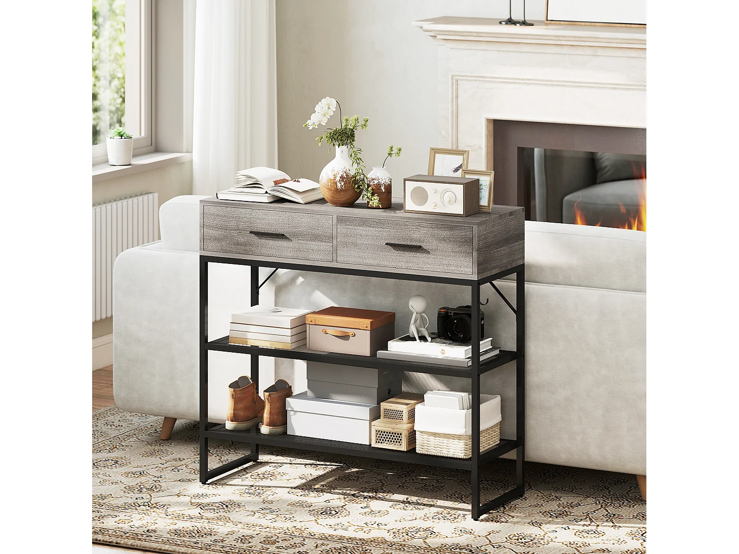 Consolle da ingresso con 2 cassetti, 2 ripiani e gancio nero e legno