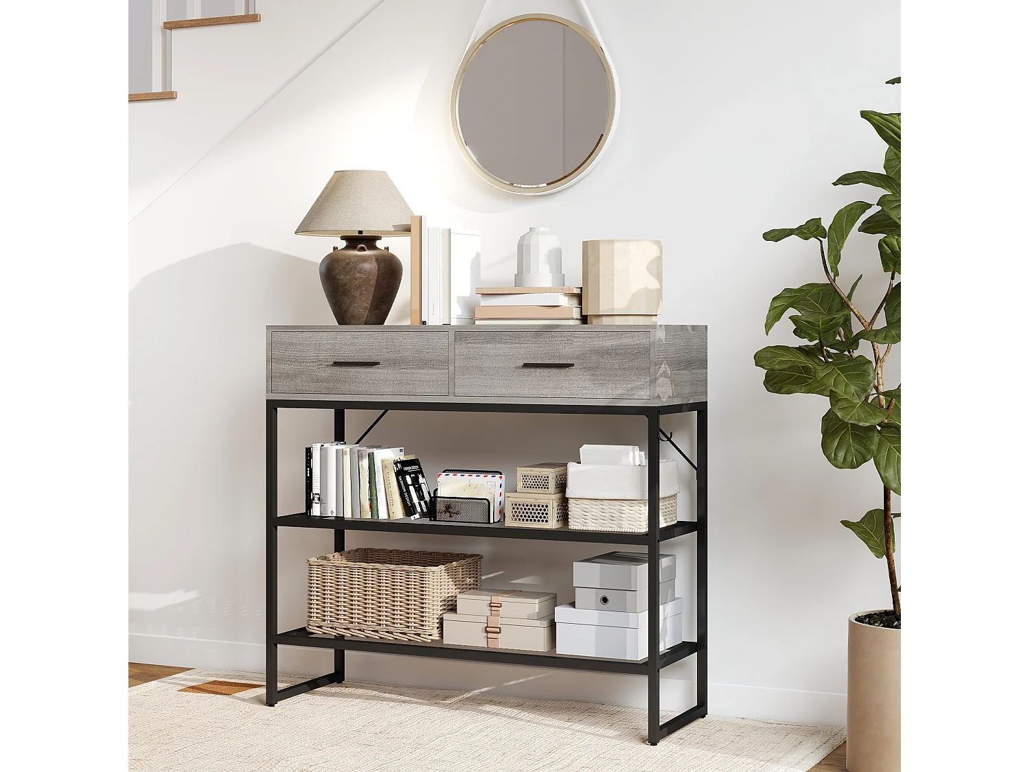 Consolle da ingresso con 2 cassetti, 2 ripiani e gancio nero e legno