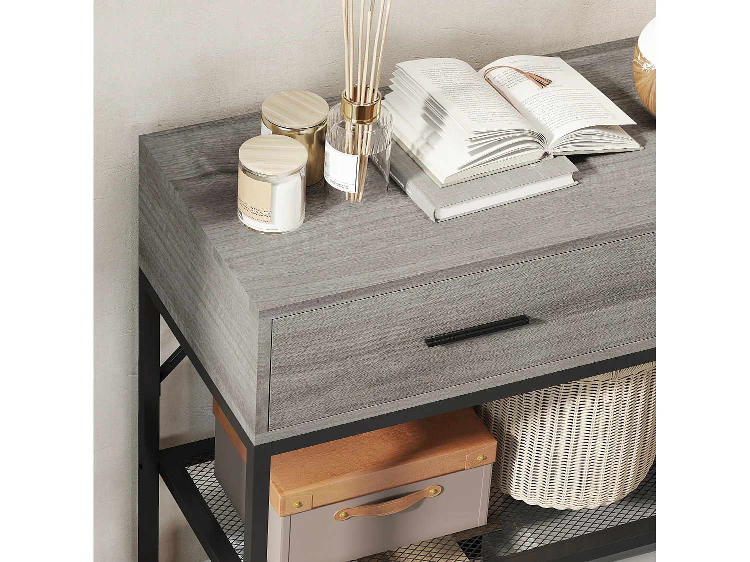 Consolle da ingresso con 2 cassetti, 2 ripiani e gancio nero e legno