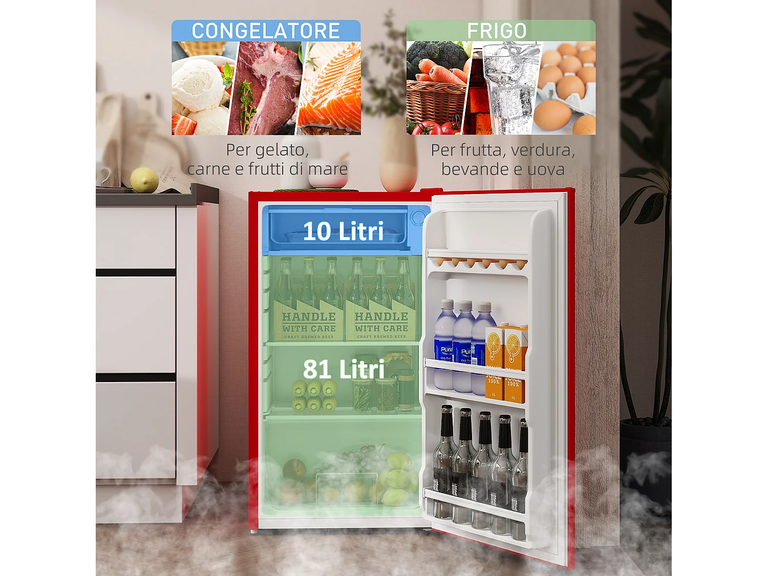 Frigorifero piccolo 91 litri con porta reversibile e congelatore rosso