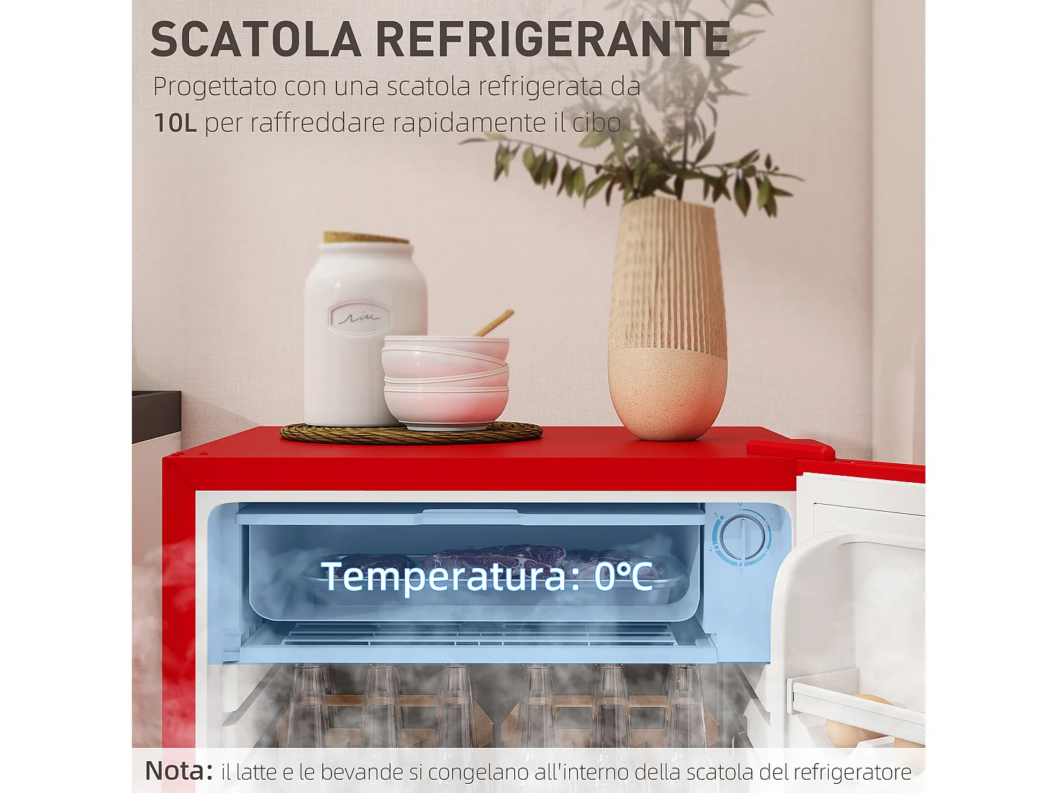 Frigorifero piccolo 91 litri con porta reversibile e congelatore rosso