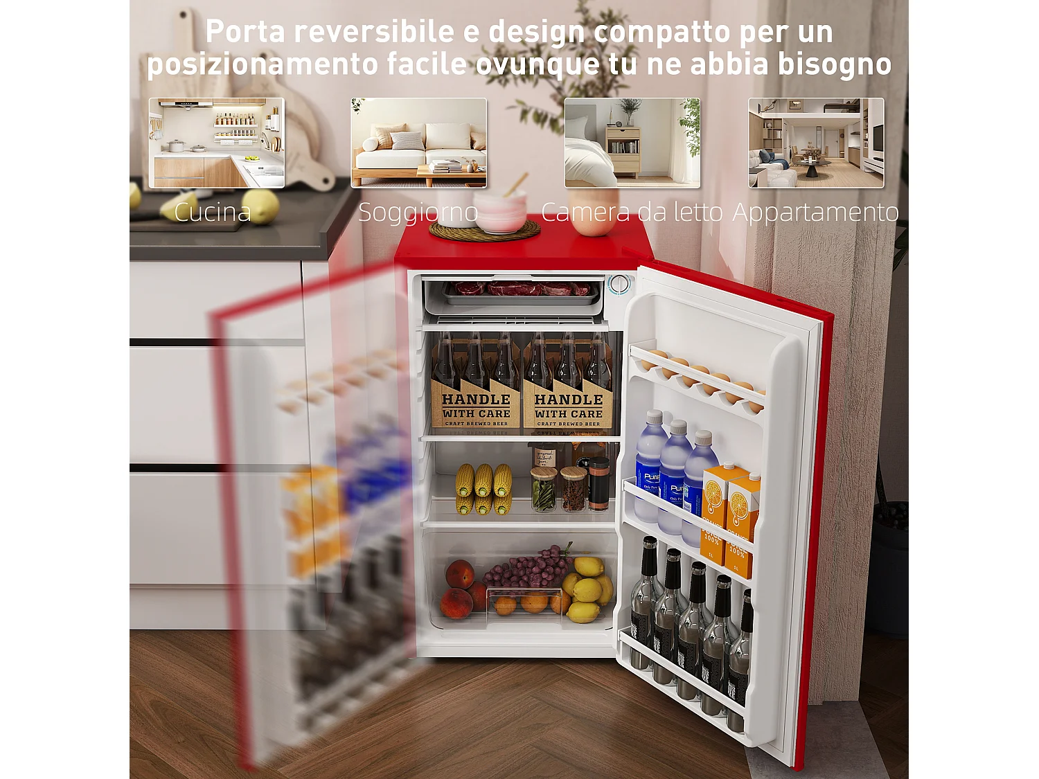 Frigorifero piccolo 91 litri con porta reversibile e congelatore rosso