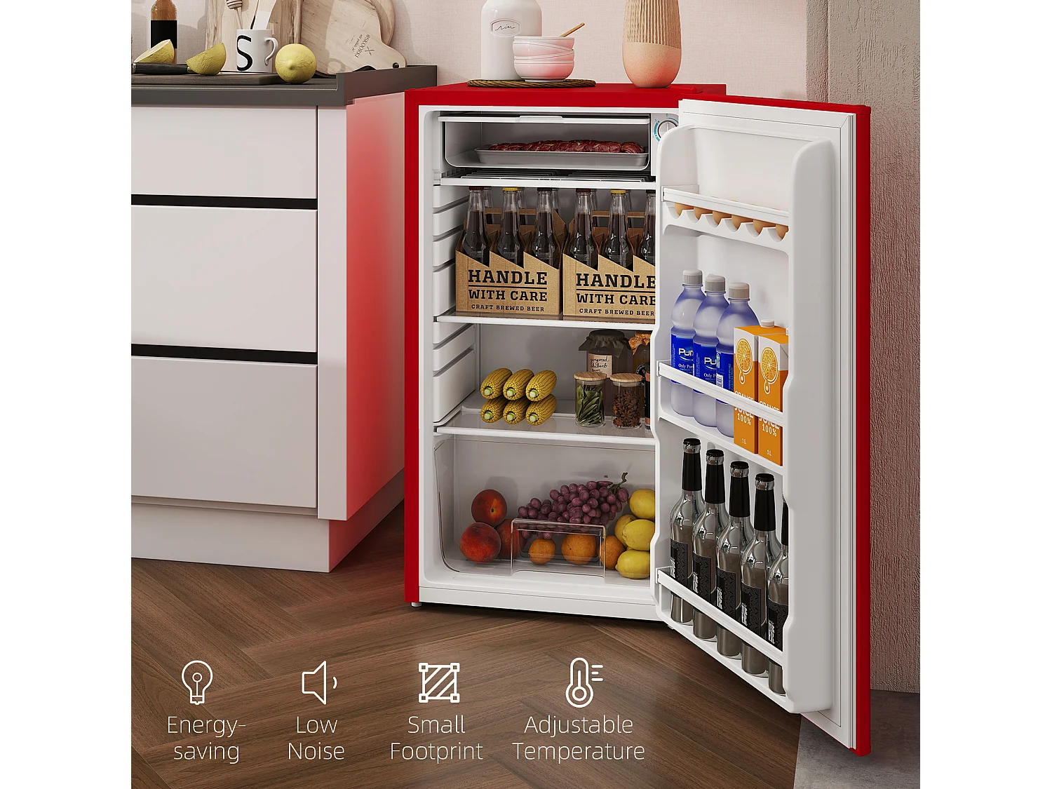 Frigorifero piccolo 91 litri con porta reversibile e congelatore rosso