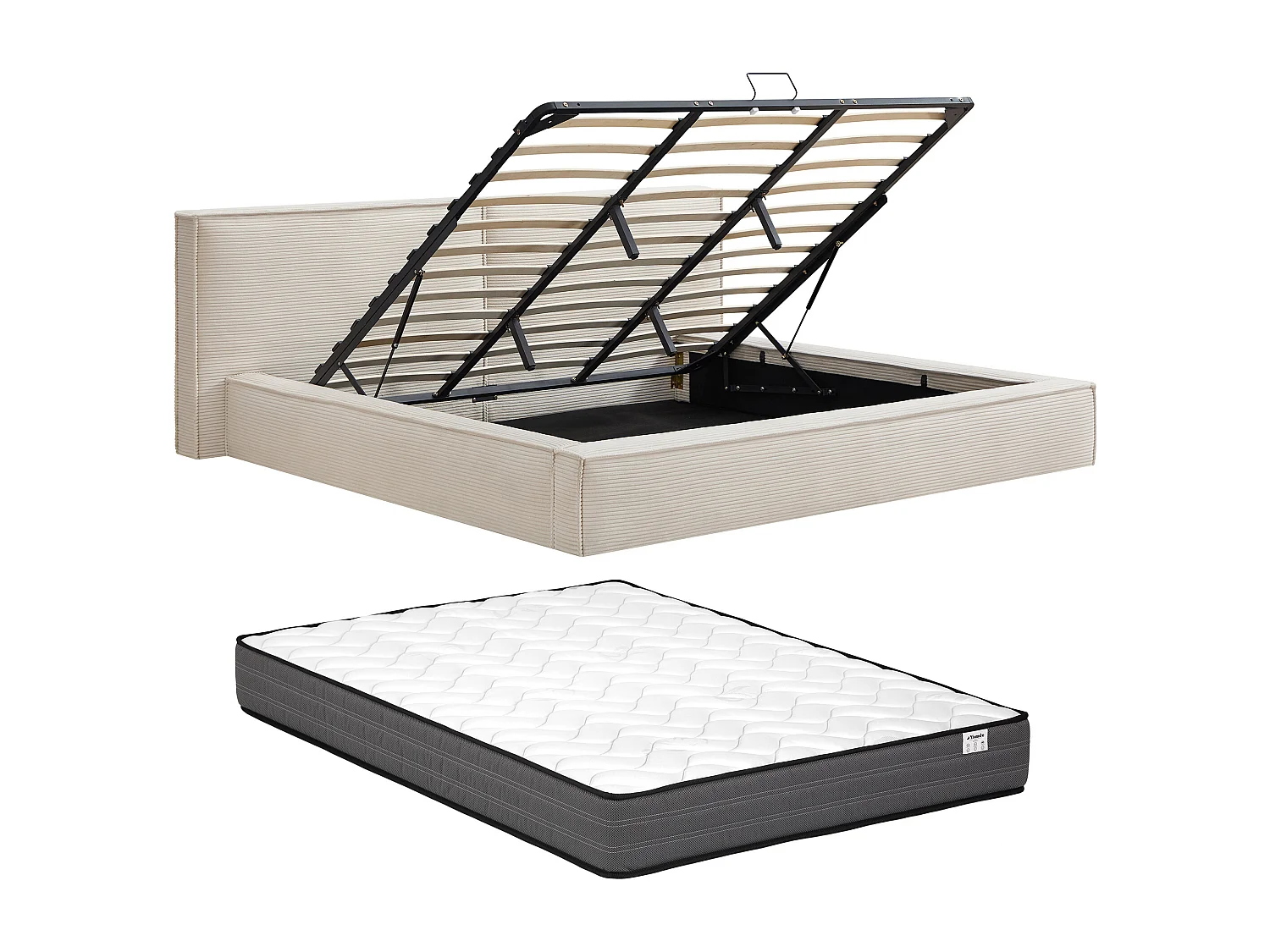 Lit coffre 180 x 200 cm – Velours côtelé – Beige + Matelas - TAVESO