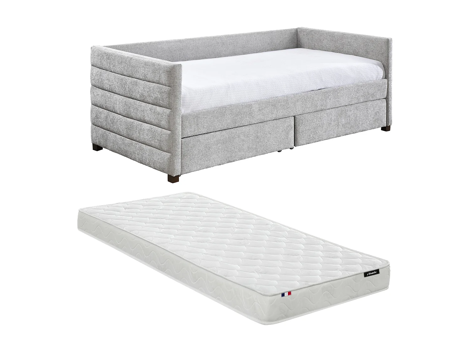 Lit banquette 90 x 190 cm avec tiroirs – Tissu texturé – Gris + Matelas – ORENALO