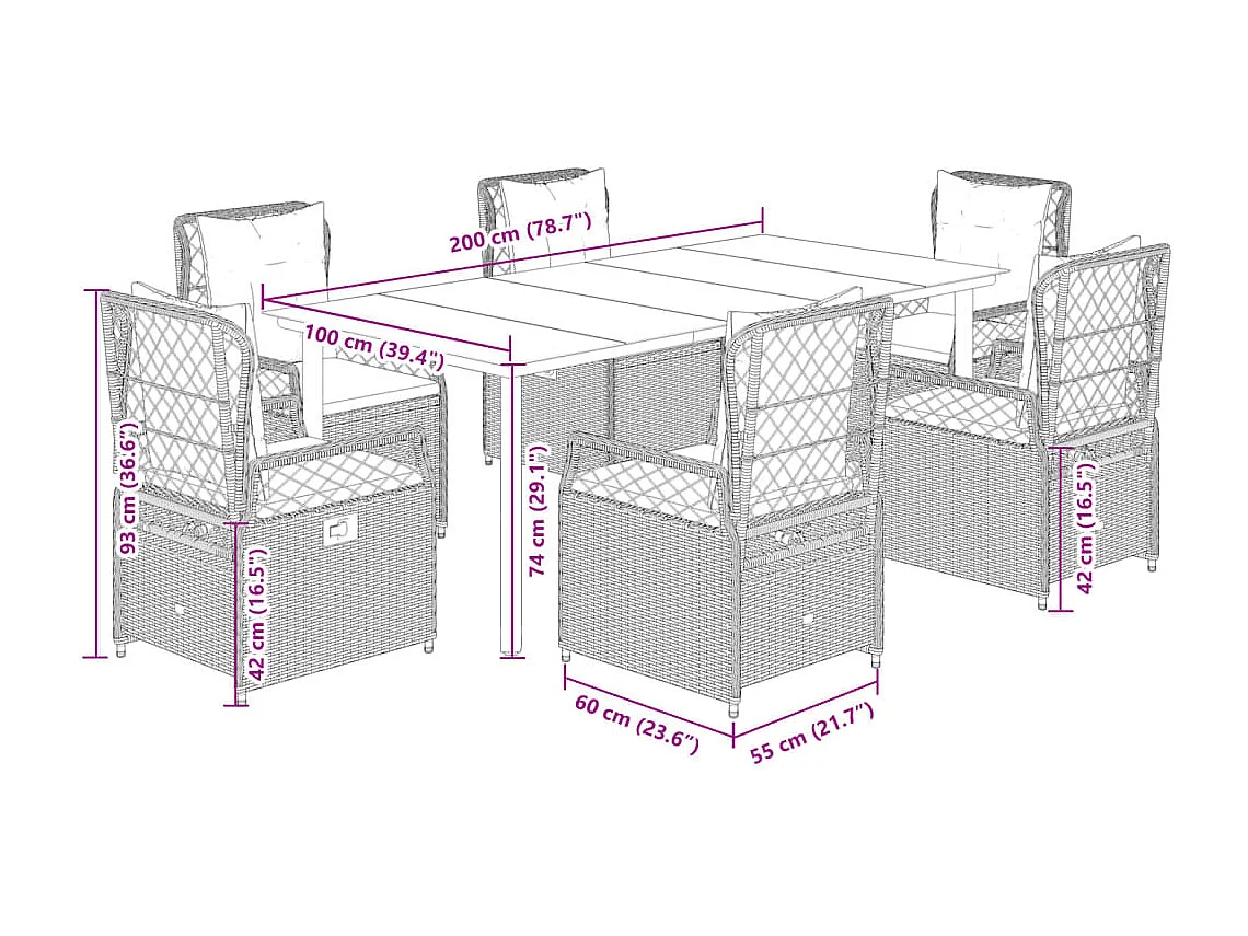Set comedor de jardín 7 piezas con cojines ratán sintético beige